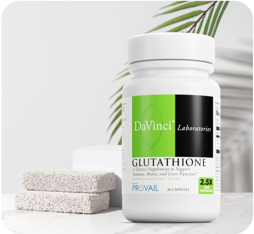 Glutathione bottle image sitting on a countertop.