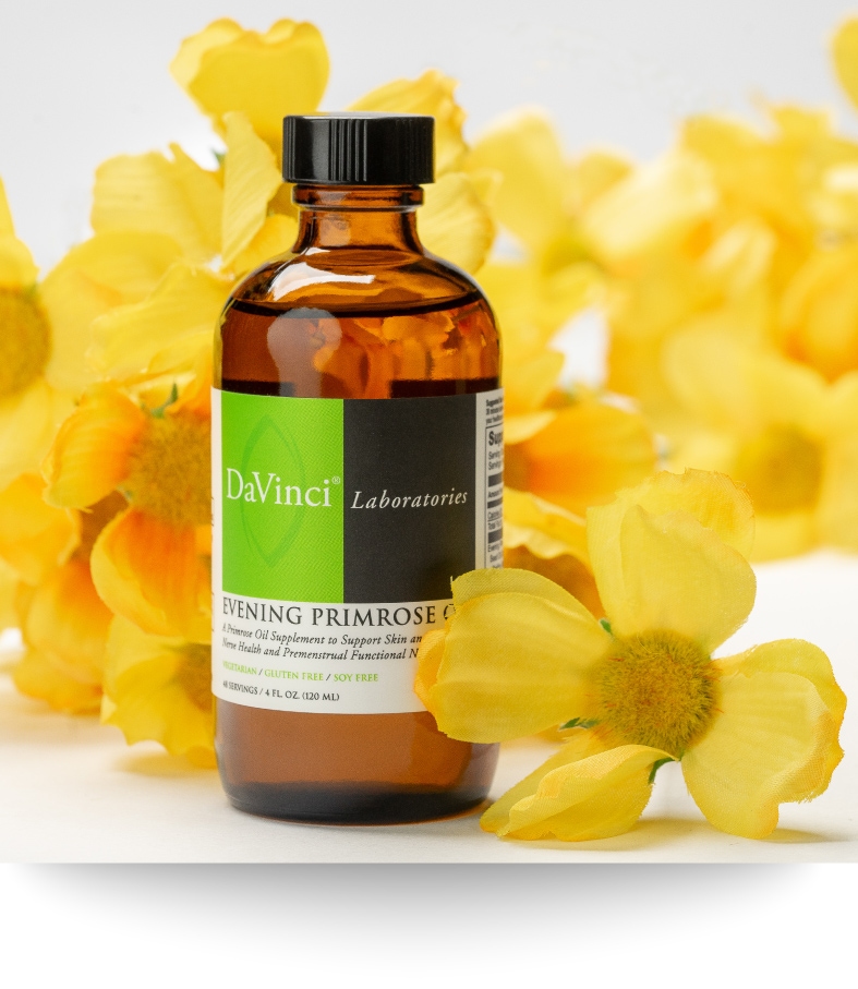 Davinci evening primrose supplement with yellow flowers